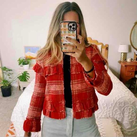 ZARA Red Pink Blogger Favorite Plaid Tweed Fringe Ruffle Cropped Blazer Jacket - Picture 2 of 13